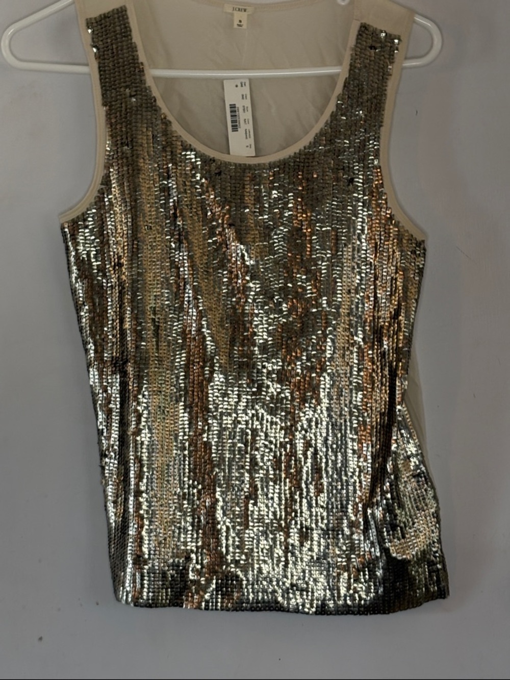 J Crew ivory silk tank top with bronze square sequins front Size Small
